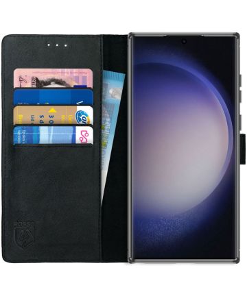 Rosso Deluxe Samsung Galaxy S23 Ultra Hoesje Echt Leer Book Case Zwart Hoesjes