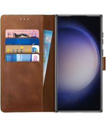 Rosso Deluxe Samsung Galaxy S23 Ultra Hoesje Echt Leer Book Case Bruin