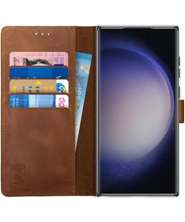 Rosso Deluxe Samsung Galaxy S23 Ultra Hoesje Echt Leer Book Case Bruin Hoesjes