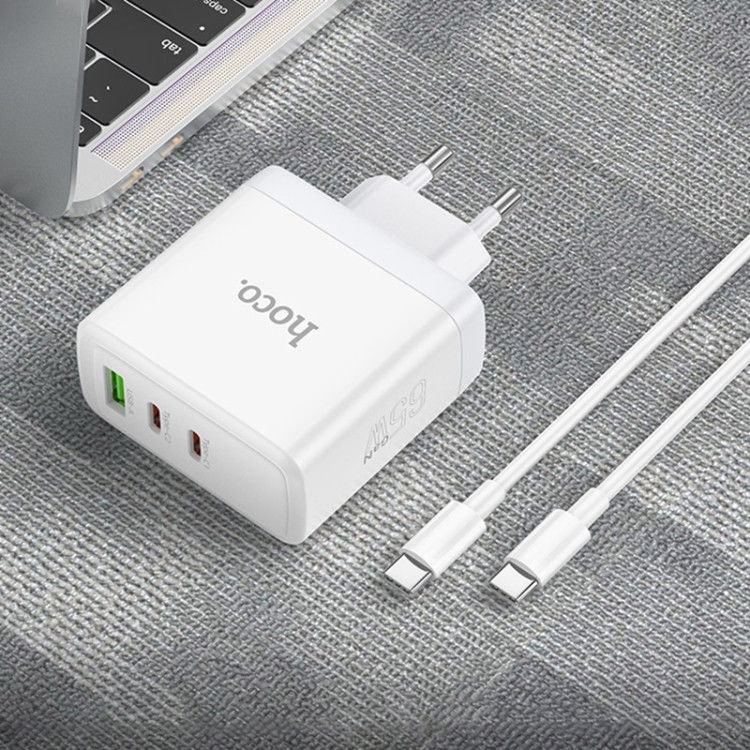 Hoco N30 Trio 65W Power Adapter USB-C / USB Snellader + 100W Kabel Wit afbeelding 4