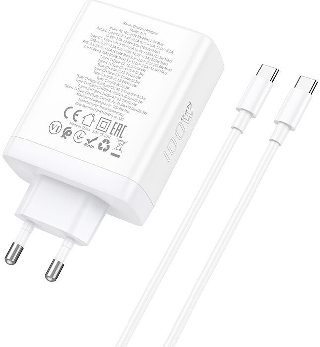Hoco 100W GaN Adapter Power Delivery Snellader + USB-C Kabel 1M Wit afbeelding 5