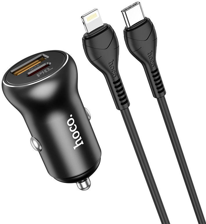 Hoco 5A Auto Snellader 30W PD en QC + USB-C naar Lightning Kabel 1M afbeelding 2