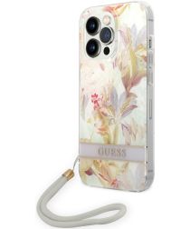Guess Apple iPhone 14 Pro Max Hoesje Hard Case Purple Flower Strap