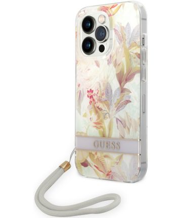Guess Apple iPhone 14 Pro Max Hoesje Hard Case Purple Flower Strap Hoesjes