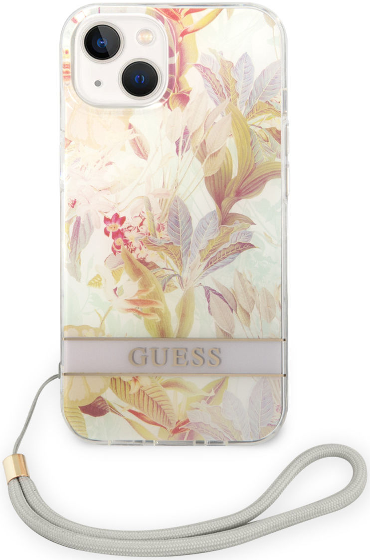 Guess Apple iPhone 14 Hoesje Hard Case Purple Flower Strap afbeelding 2