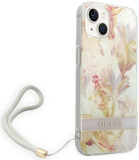 Guess Apple iPhone 14 Hoesje Hard Case Purple Flower Strap afbeelding 4