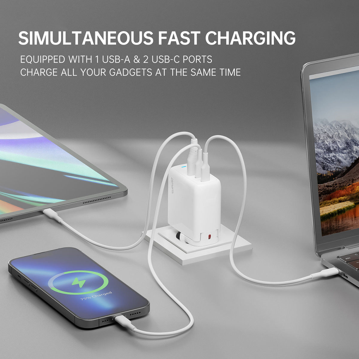 4smarts GaN Flex 65W 1x USB 2x USB-C Snellader PD Adapter Wit afbeelding 2