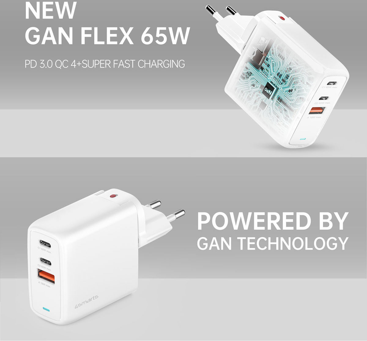4smarts GaN Flex 65W 1x USB 2x USB-C Snellader PD Adapter Wit afbeelding 4