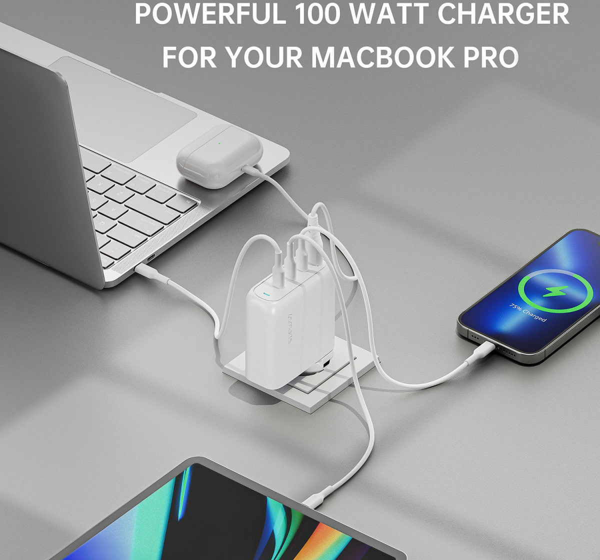 4smarts Flex Pro 100W 1x USB 3x USB-C Snellader Met Verlengkabel Wit afbeelding 5