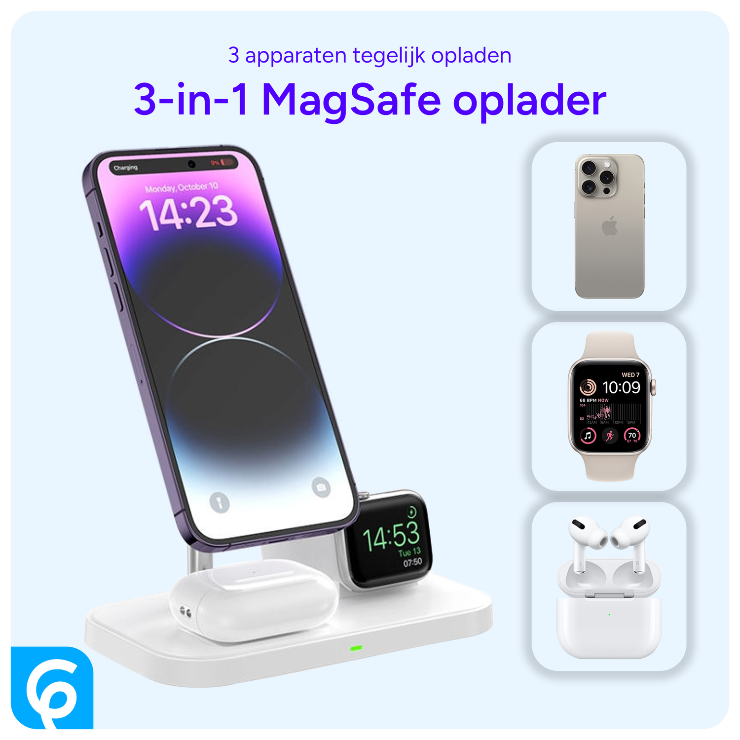 3 in 1 Draadloze MagSafe Oplader 15W iPhone/AirPods/Watch Wit afbeelding 2
