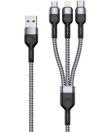 Duzzona USB-A naar Lightning / USB-C / Micro USB Kabel 3.5A 1.3M Zwart Kabels