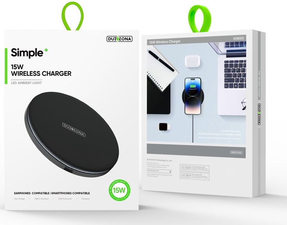 Duzzona Draadloze Oplader 15W Fast Charge met USB-C Kabel 1M Zwart afbeelding 10