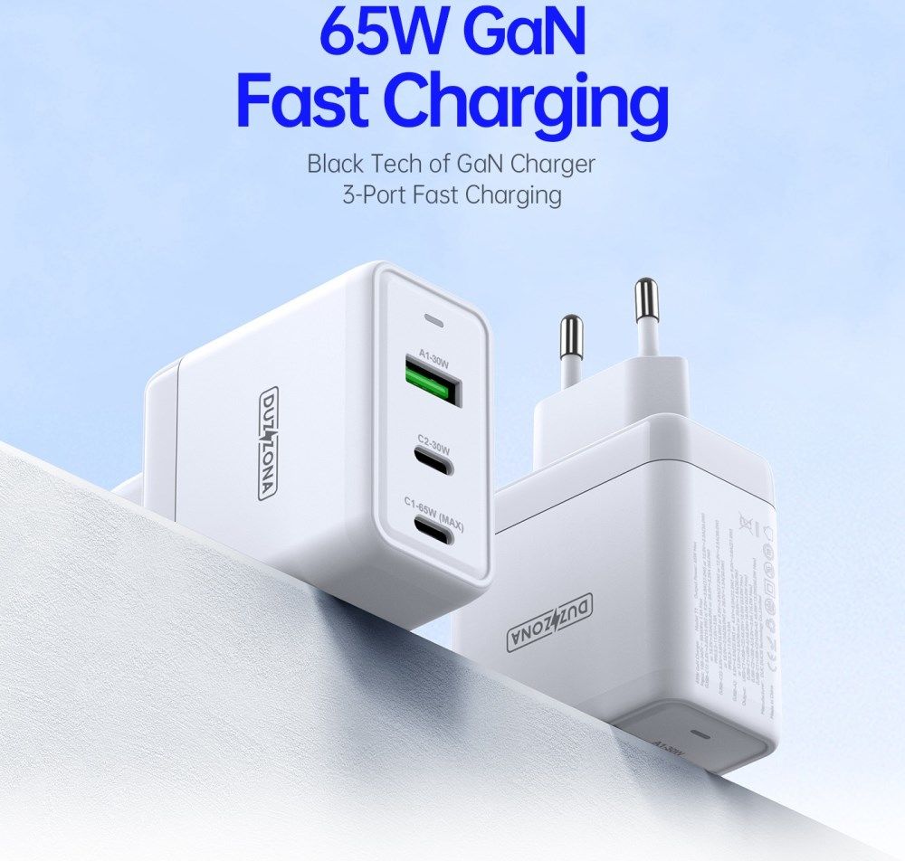 Duzzona T1 USB/USB-C GaN Snellader 65W PD 3.0/QC 3.0 Adapter Wit afbeelding 6