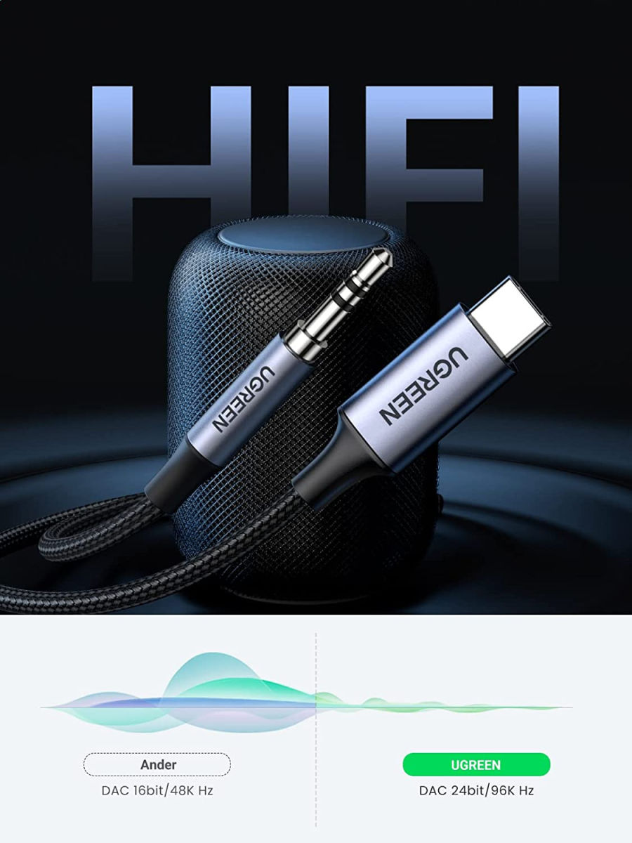 UGREEN USB-C naar 3.5mm Jack Audio Adapter met DAC Chip Grijs 1M afbeelding 6