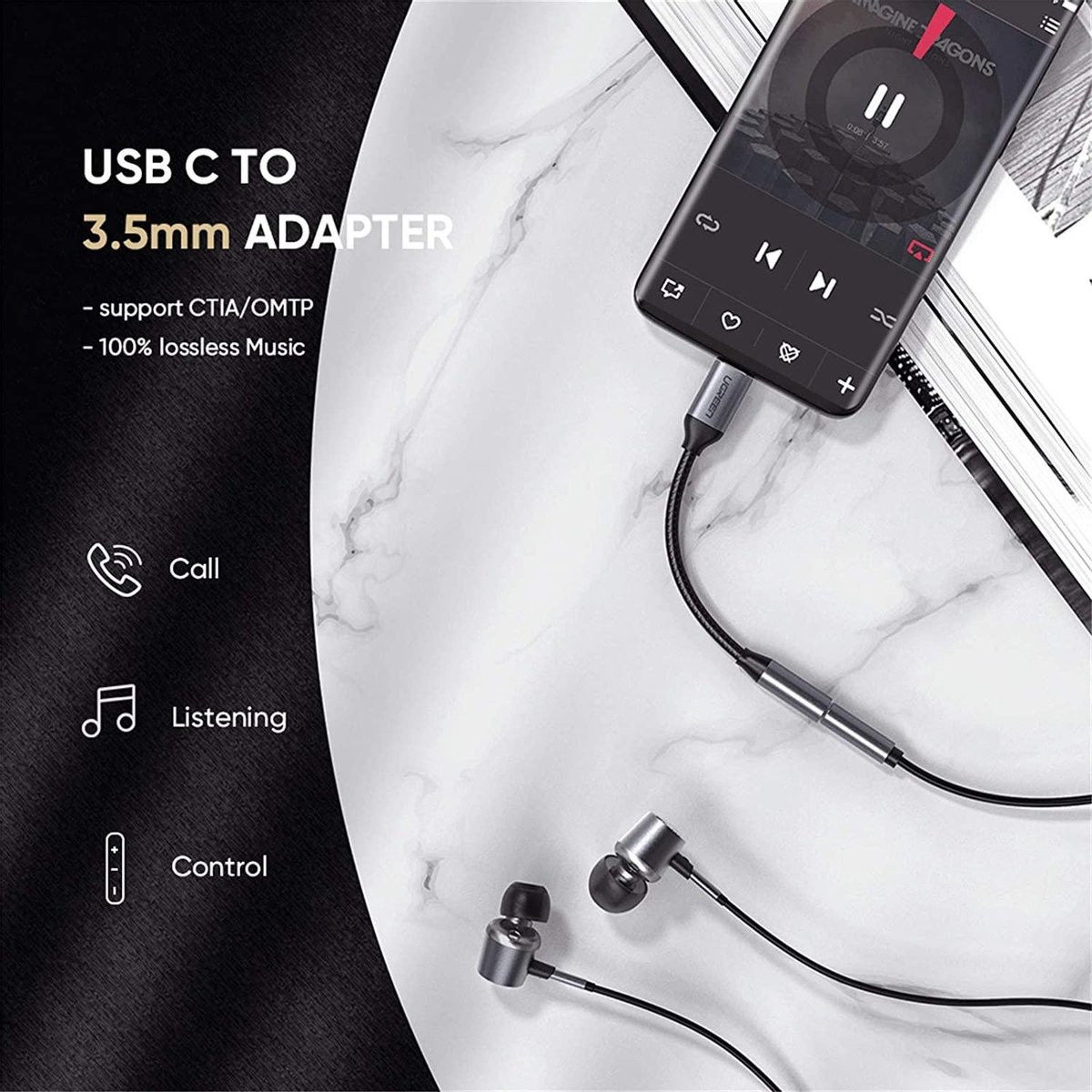 UGREEN USB-C naar 3.5mm Jack Female Audio Adapter 10CM Grijs afbeelding 2