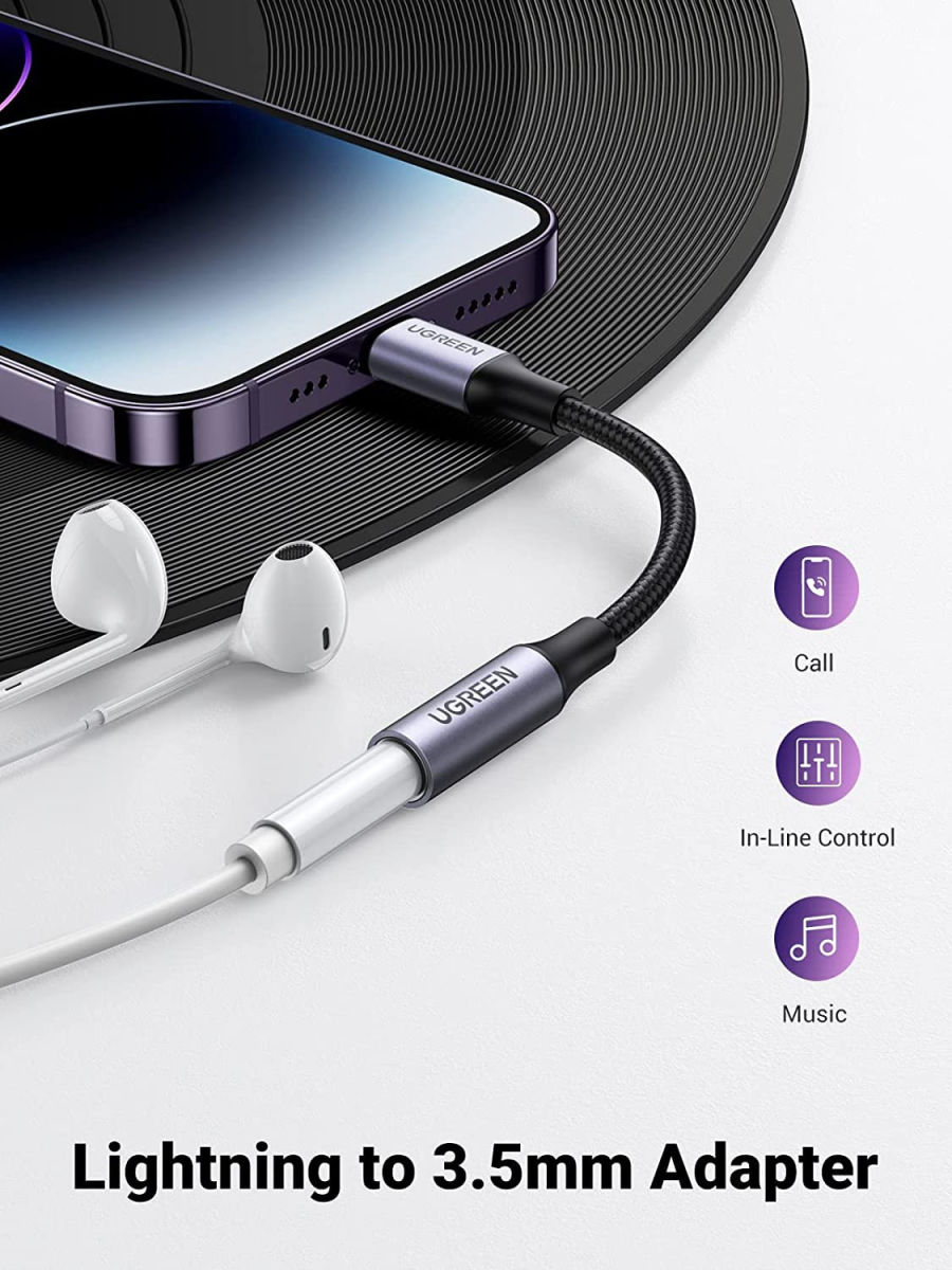 UGREEN Apple Lightning naar 3.5mm Jack Headset Adapter 10CM Zwart afbeelding 3