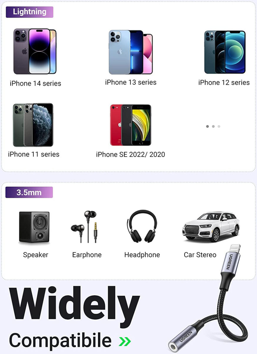 UGREEN Apple Lightning naar 3.5mm Jack Headset Adapter 10CM Zwart afbeelding 9