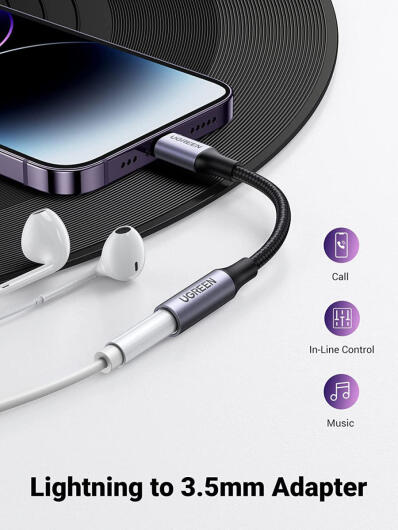 UGREEN Apple Lightning naar 3.5mm Jack Headset Adapter 10CM Zwart afbeelding 3