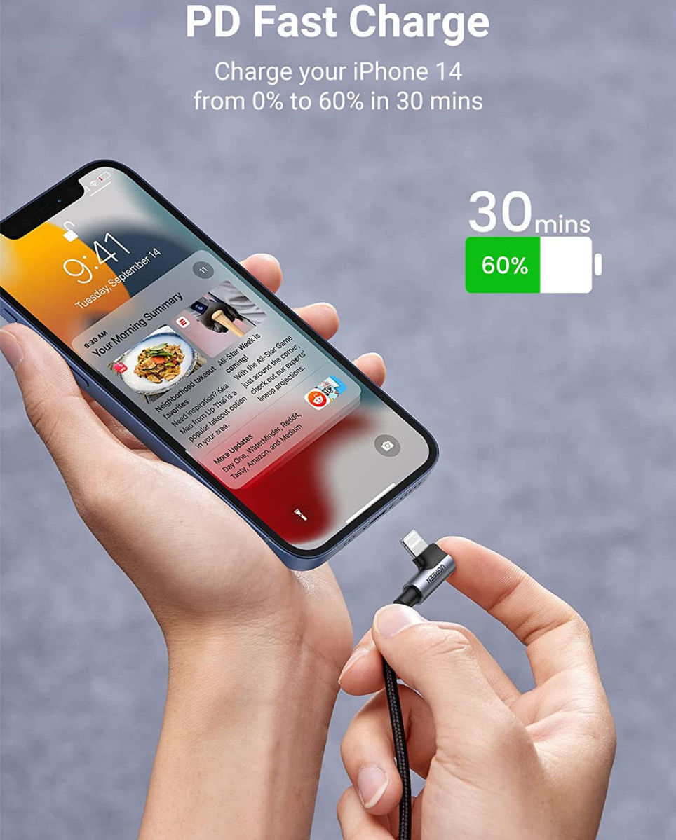 UGREEN 3A 90° MFi USB-C naar Lightning Kabel PD met Haakse Hoek 1.5M afbeelding 3