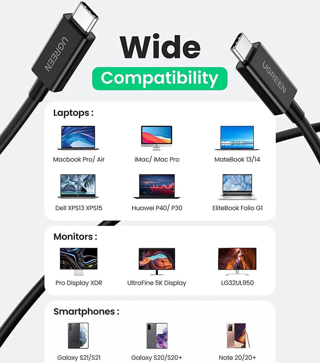 UGREEN USB-C Thunderbolt 4 Video Kabel 100W PD 0.8M Zwart afbeelding 7