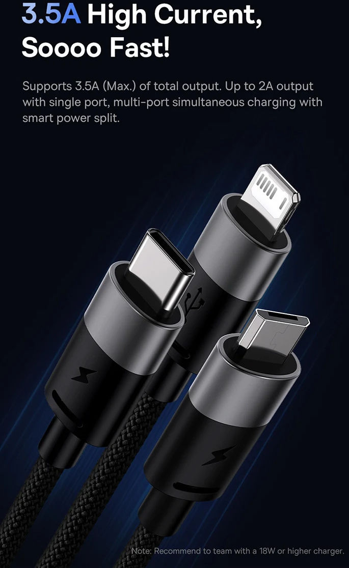 Baseus USB 3-in1 Lightning/USB-C/Micro USB Kabel 3.5A 1.2M Zwart afbeelding 4