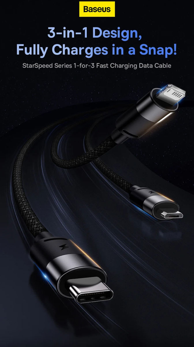 Baseus USB 3-in1 Lightning/USB-C/Micro USB Kabel 3.5A 1.2M Zwart afbeelding 2