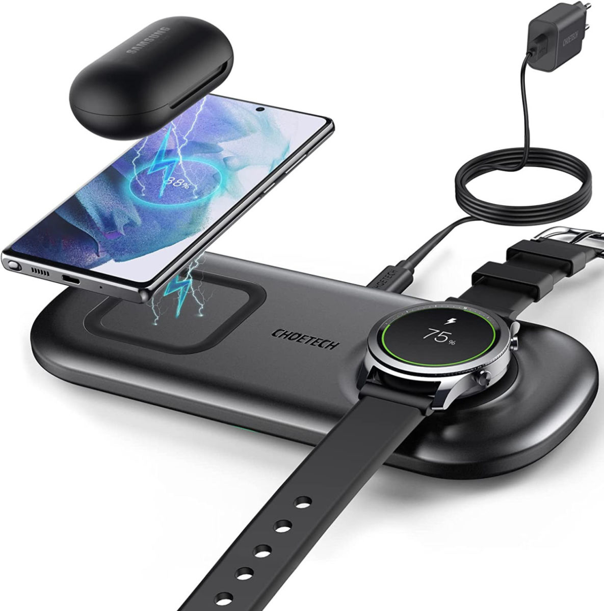 Choetech 2-in-1 Draadloze Oplader 15W Smartphone/Samsung Watch/Oortjes afbeelding 2