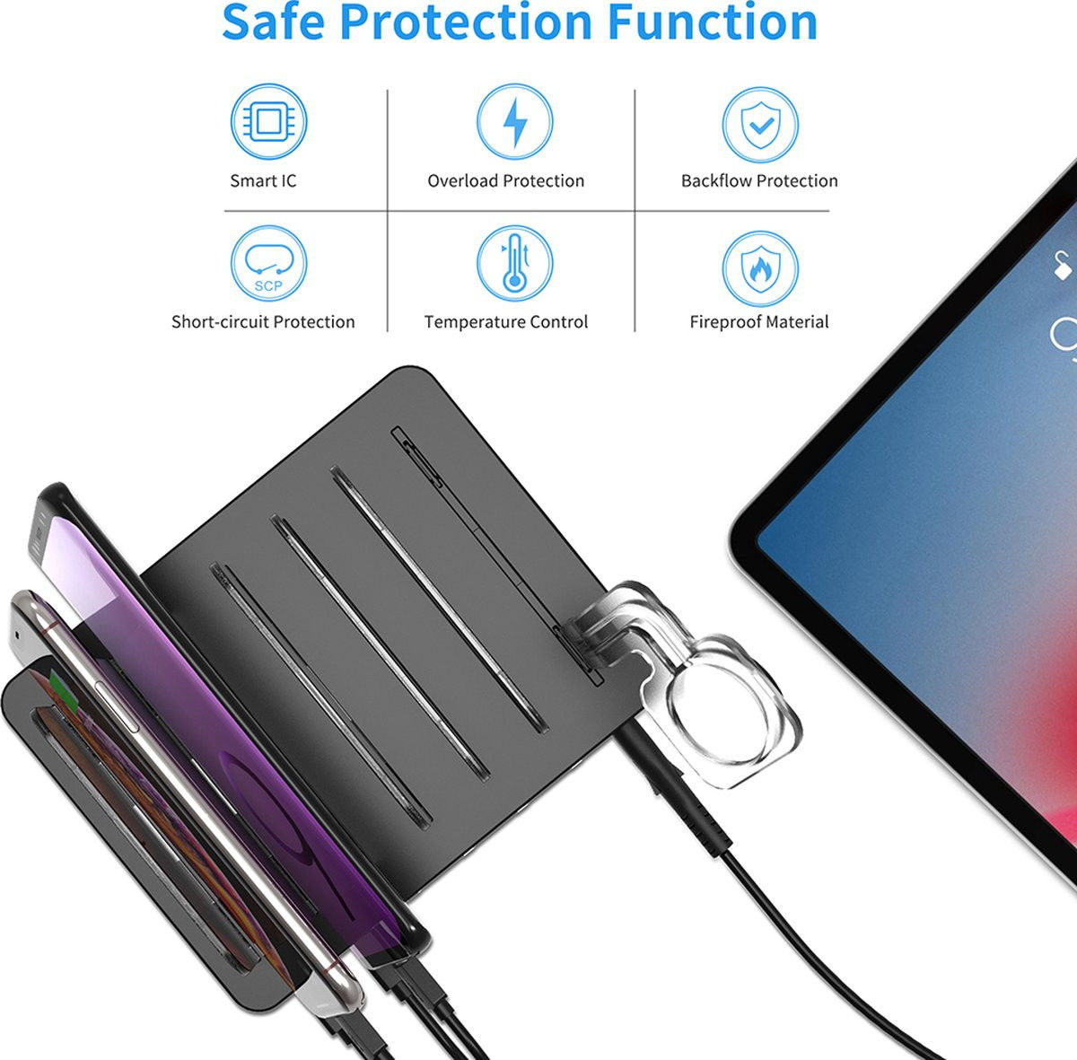 Choetech 68W Docking Station 6x USB Oplader met Smartwatch Houder afbeelding 6