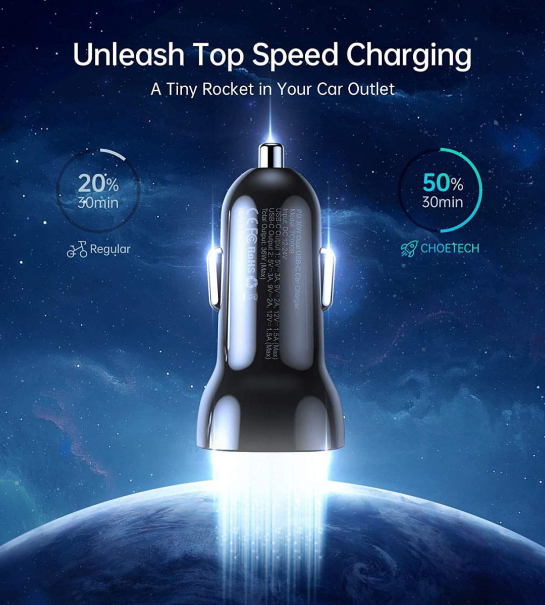 Choetech Dual USB-C Auto Snellader 40W Power Delivery en Quick Charge afbeelding 4