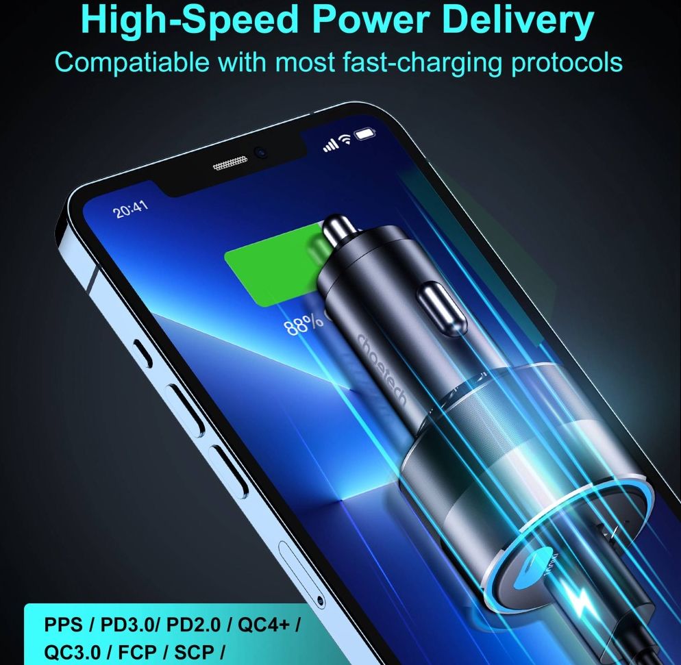 Choetech 3A USB/USB-C Auto Snellader 130W met Power Delivery en QC 4.0 afbeelding 5
