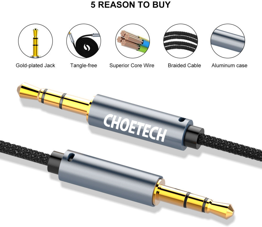 Choetech 3.5mm Jack naar 3.5mm Jack Aux Kabel Nylon 1.2 Meter Zwart afbeelding 4