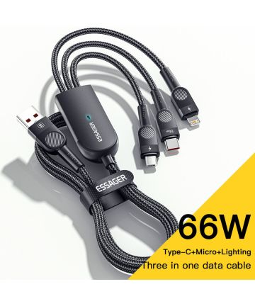 Essager 3-in-1 66W USB naar Lightning/USB-C/Micro USB Kabel 1.2M Zwart Kabels