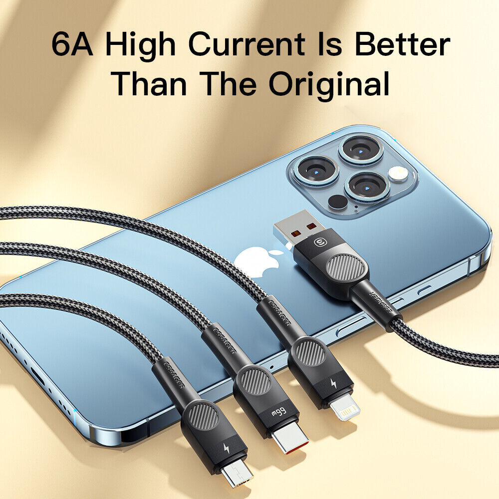 Essager 3-in-1 66W USB naar Lightning/USB-C/Micro USB Kabel 1.2M Zwart afbeelding 3