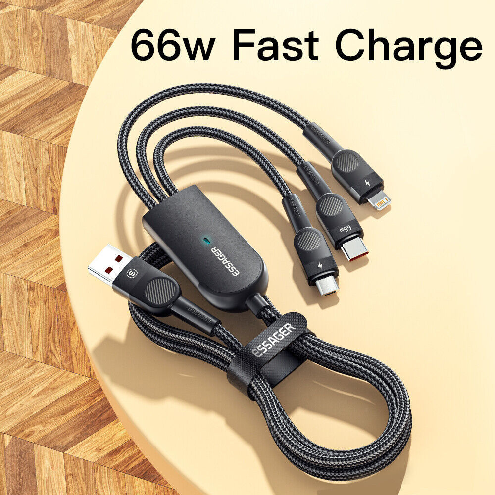 Essager 3-in-1 66W USB naar Lightning/USB-C/Micro USB Kabel 1.2M Zwart afbeelding 4
