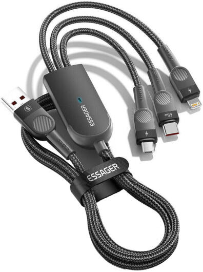 Essager 3-in-1 66W USB naar Lightning/USB-C/Micro USB Kabel 1.2M Zwart afbeelding 7