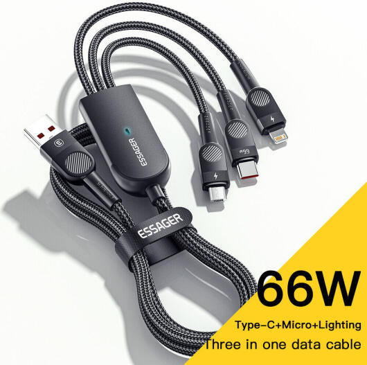 Essager 3-in-1 66W USB naar Lightning/USB-C/Micro USB Kabel 1.2M Zwart afbeelding 1