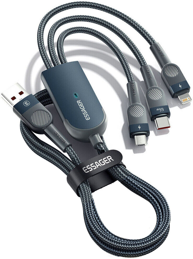 Essager 3-in-1 66W USB naar Lightning/USB-C/Micro USB Kabel 1.2M Blauw afbeelding 7