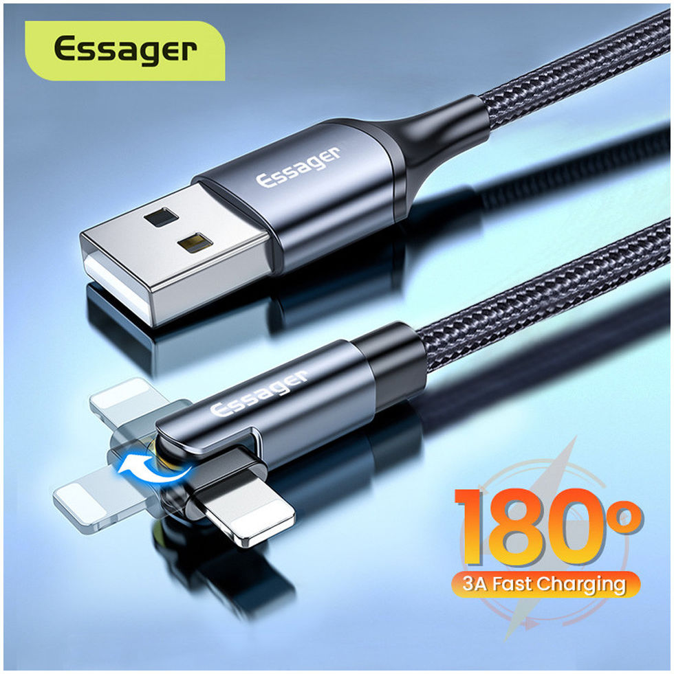 Essager 3A 180° Draaibare USB naar Lightning Oplaad Kabel 2M Zwart afbeelding 10