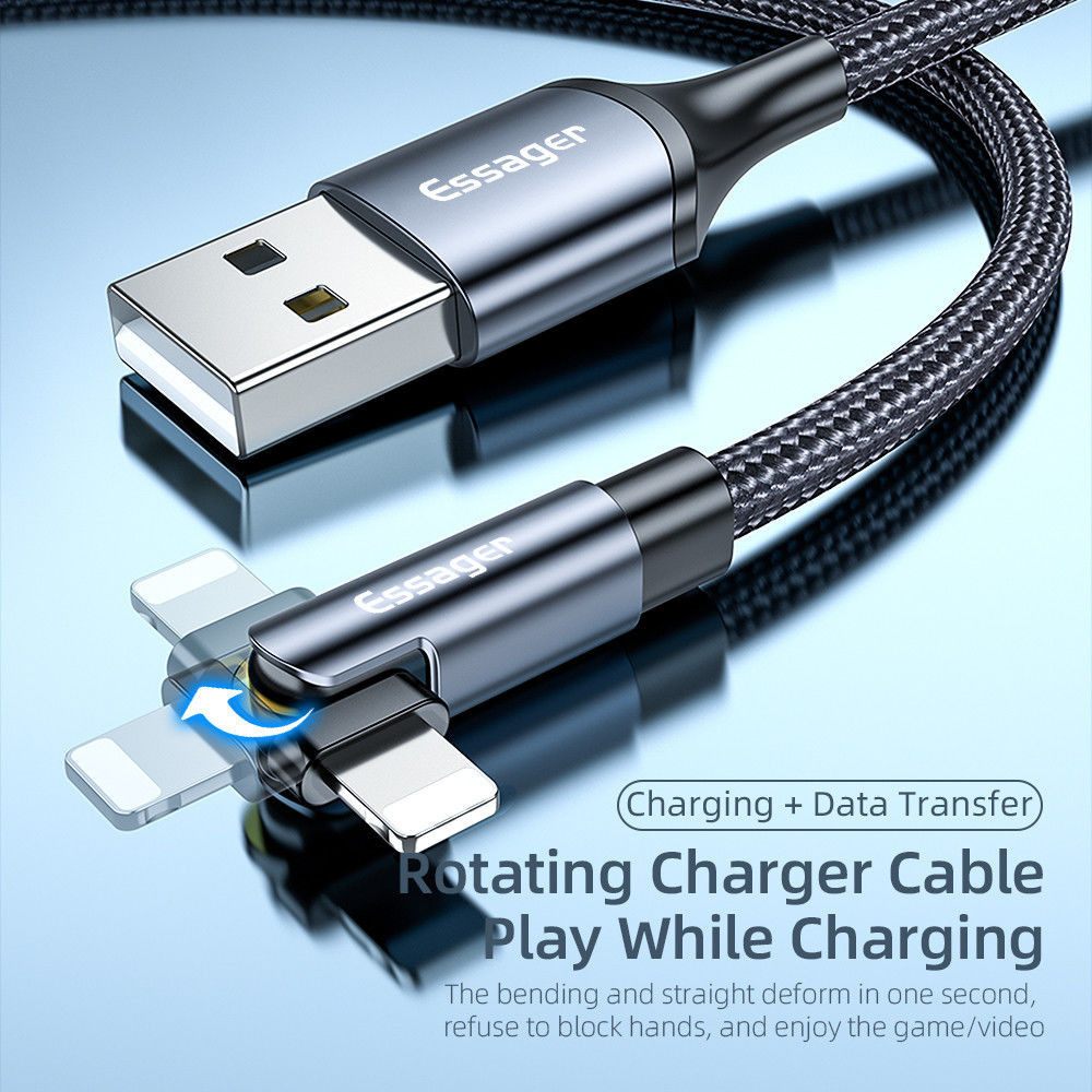 Essager 3A 180° Draaibare USB naar Lightning Oplaad Kabel 2M Zwart afbeelding 5