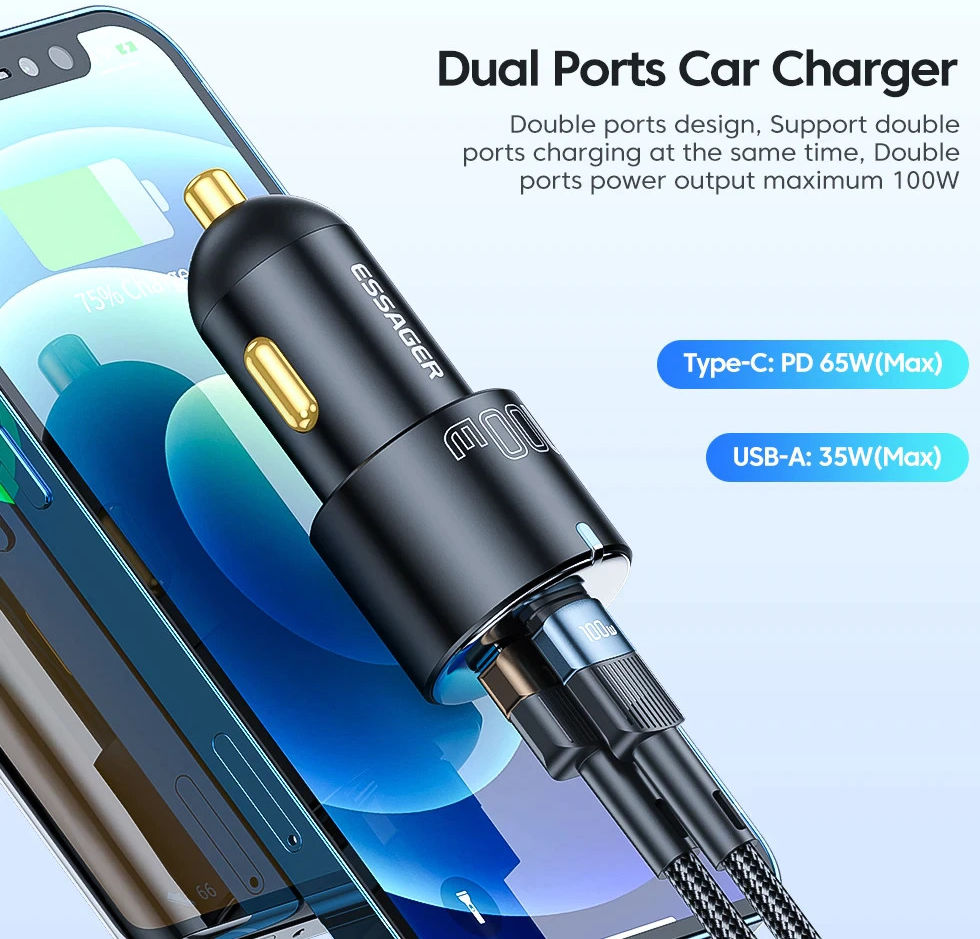 Essager Optimus Prime Auto Snellader 100W Fast Charge Autolader Zwart afbeelding 4
