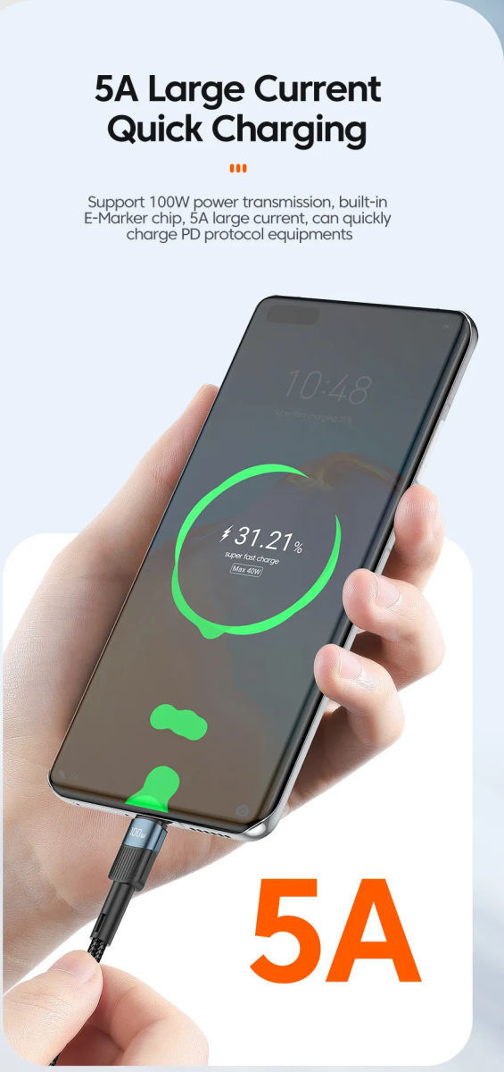Essager Star 100W USB-C Snellaad Kabel PD 5A QC 4.0 0.5M Zwart afbeelding 3