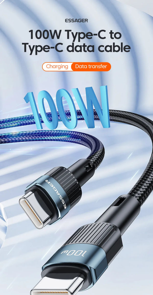 Essager Star 100W USB-C Snellaad Kabel PD 5A QC 4.0 2M Zwart afbeelding 8