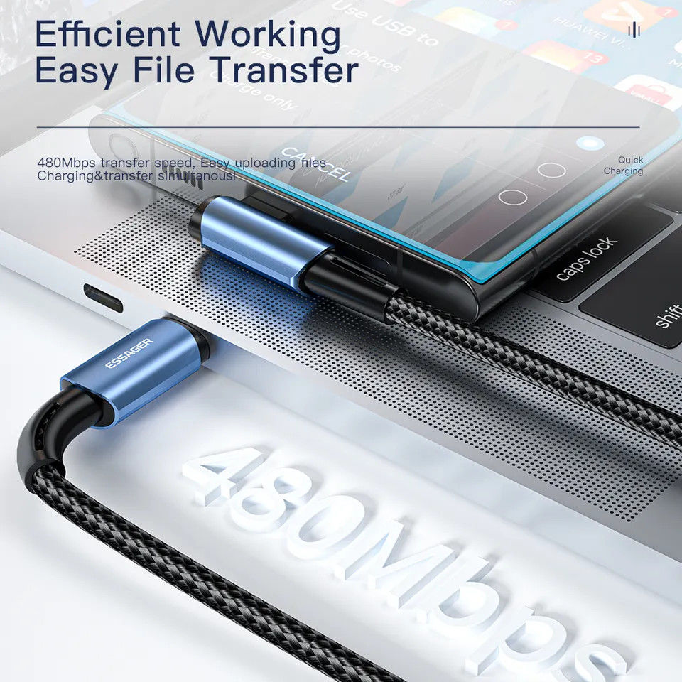 Essager 90° 100W USB-C Snellaad Kabel met Haakse Hoek 5A 1M Blauw afbeelding 4