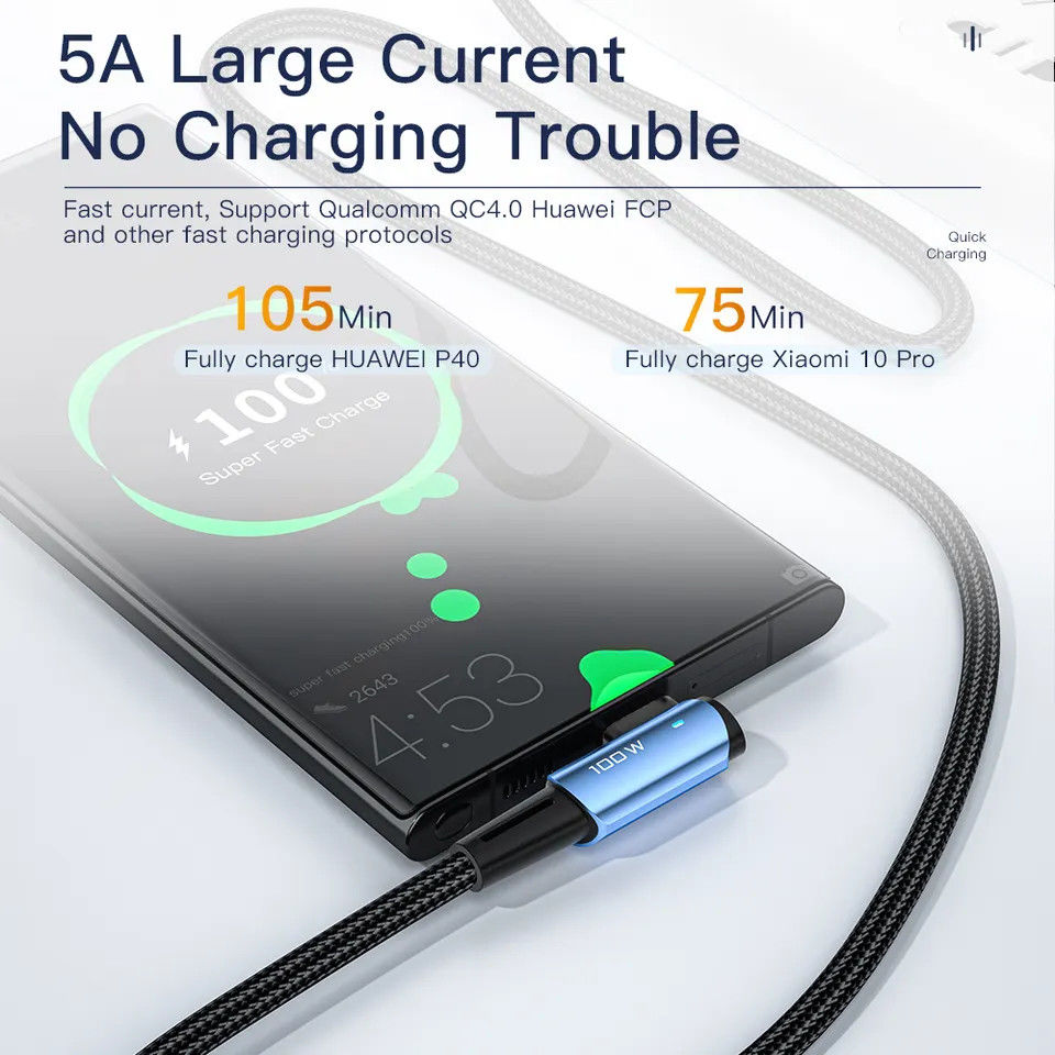 Essager 90° 100W USB-C Snellaad Kabel met Haakse Hoek 5A 3M Zwart afbeelding 3
