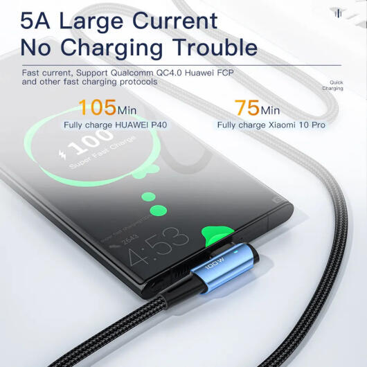 Essager 90° 100W USB-C Snellaad Kabel met Haakse Hoek 5A 3M Zwart afbeelding 3