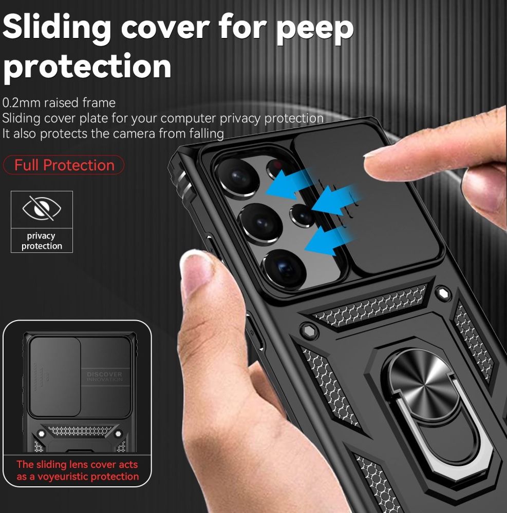 Samsung Galaxy S23 Ultra Hoesje Camera Slider en Kickstand Ring Zwart afbeelding 3