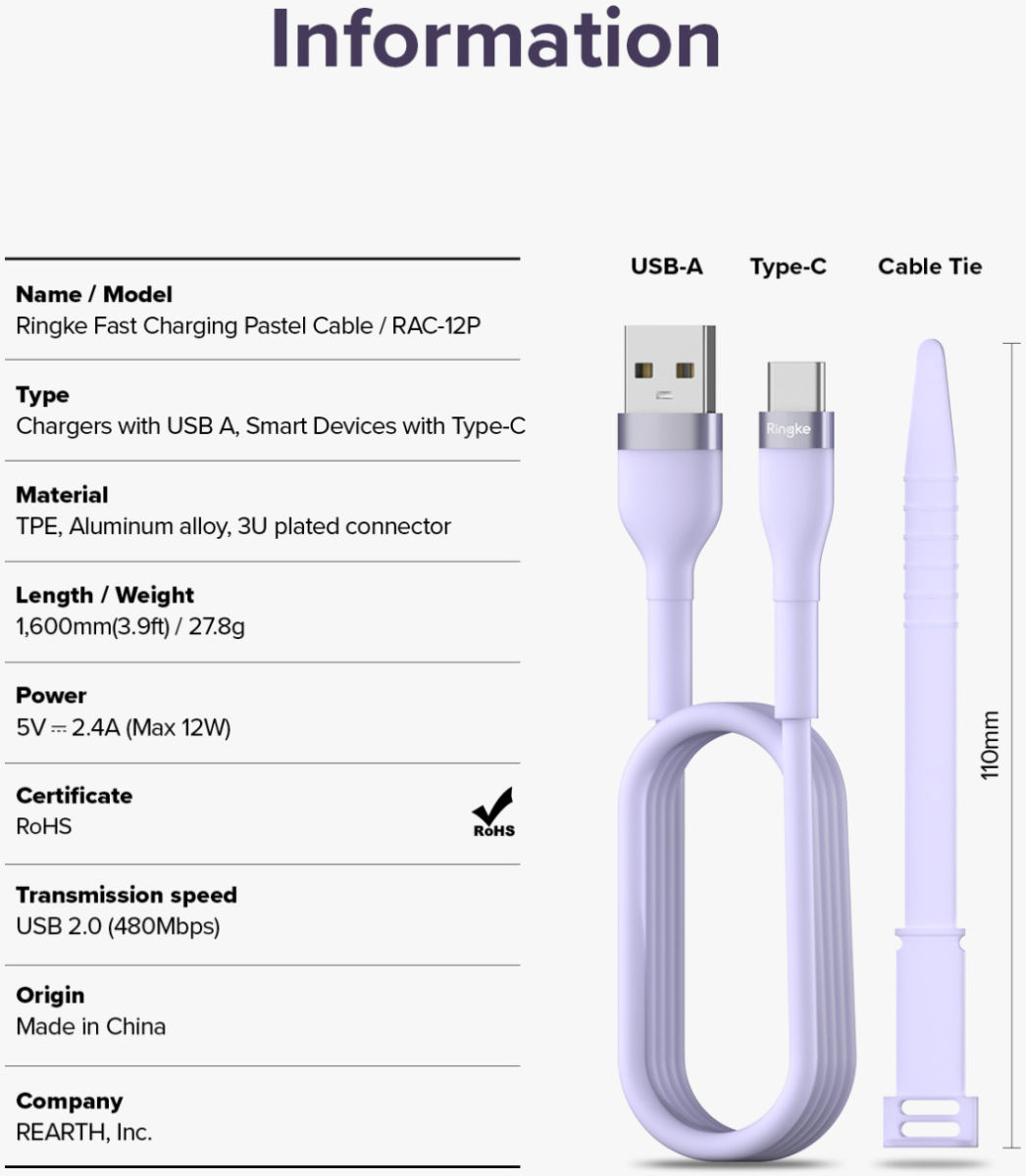 Ringke Pastel 2.4A USB-A naar USB-C Snellaad Kabel 12W 1.2 Meter Paars afbeelding 11