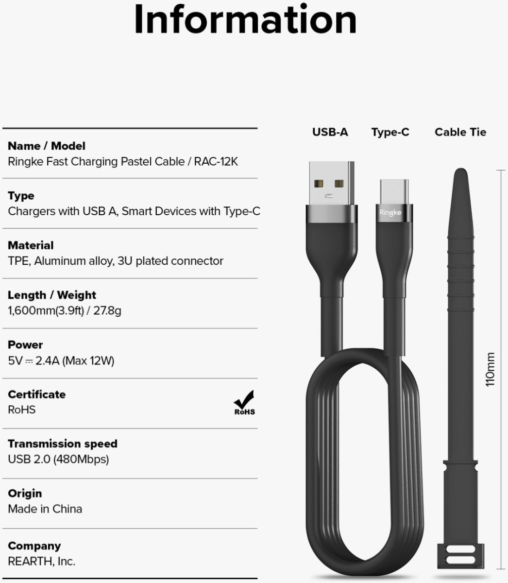 Ringke Pastel 2.4A USB-A naar USB-C Snellaad Kabel 12W 1.2 Meter Zwart afbeelding 11