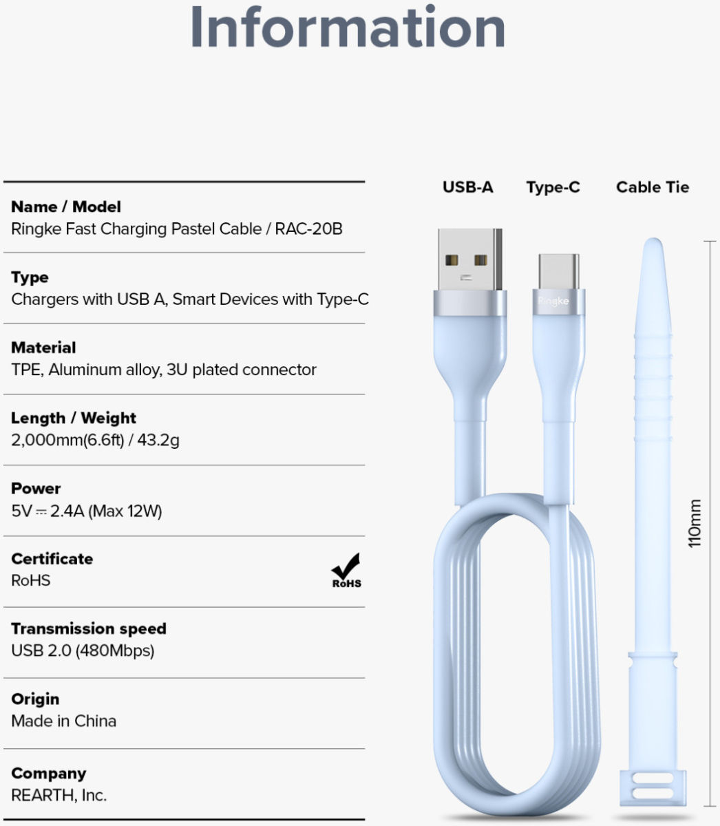 Ringke Pastel 2.4A USB 2.0 naar USB-C Snellaad Kabel 12W 2 Meter Blauw afbeelding 11