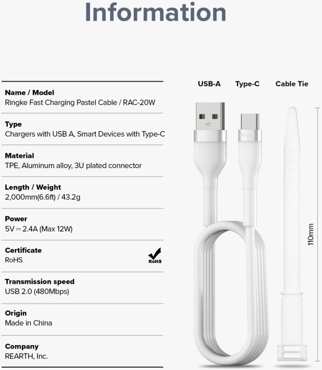 Ringke Pastel 2.4A USB 2.0 naar USB-C Snellaad Kabel 12W 2 Meter Wit afbeelding 11
